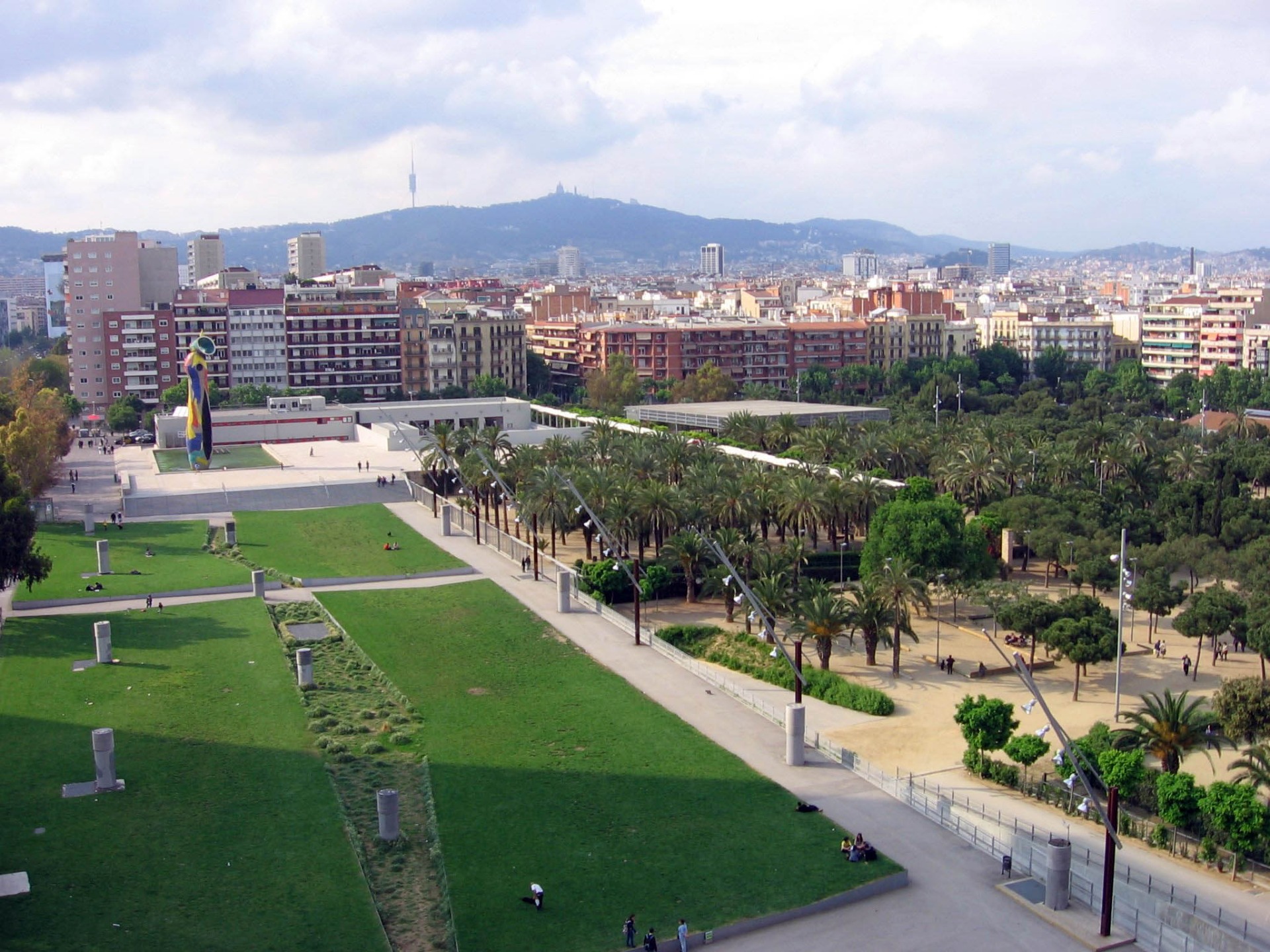 Vista panorámica de un campus con jardines, palmeras y edificios, al fondo una ciudad y colinas.